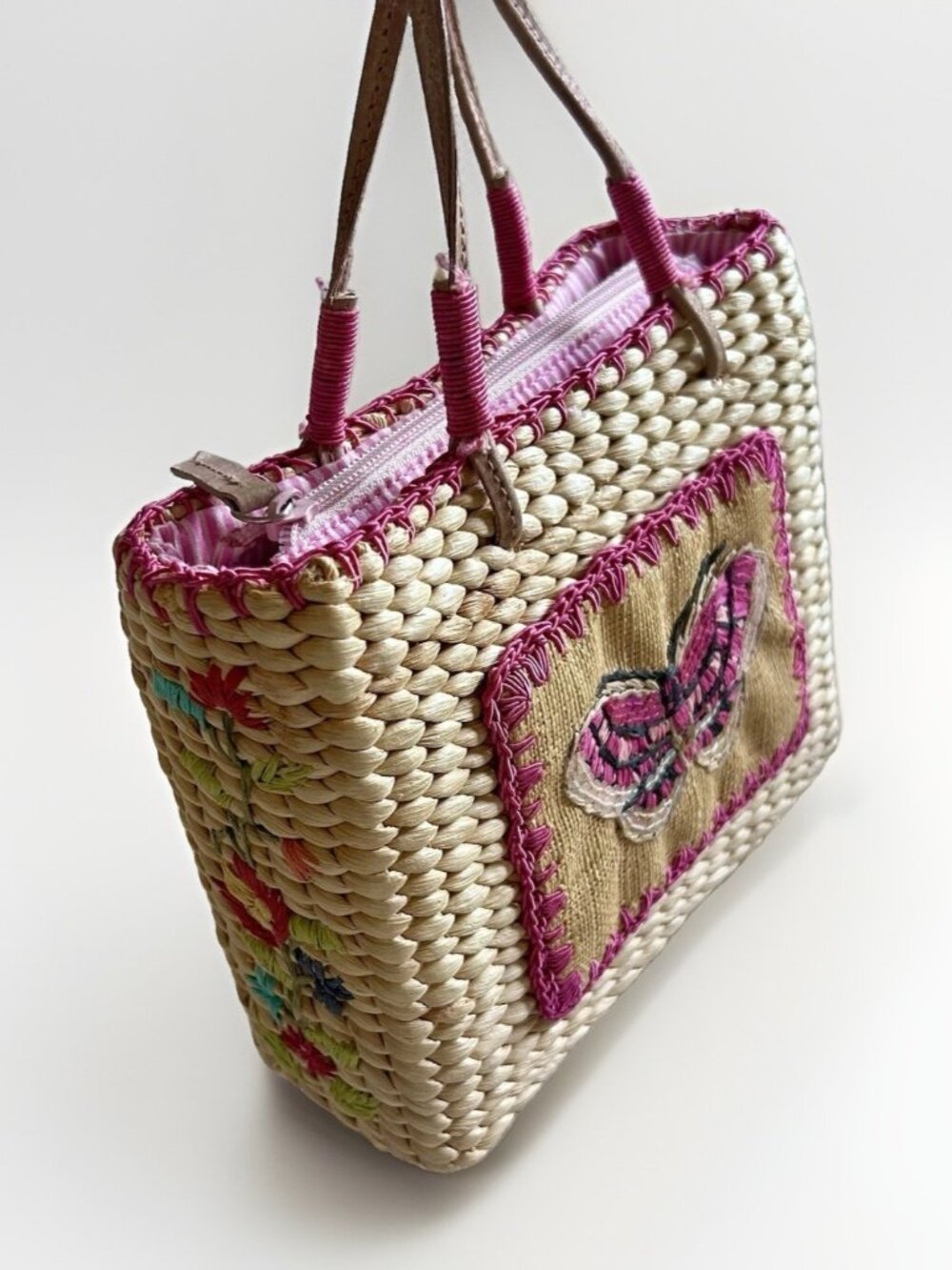 Raffia Butterfly Hand Bag Purse Zipper Embroidered Sequin Pink Natural Tan